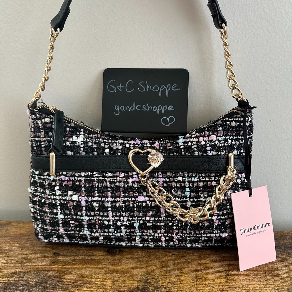 New Juicy Couture Open Heart Shoulder Handbag Tweed Fabric Black Pink Gold Chain